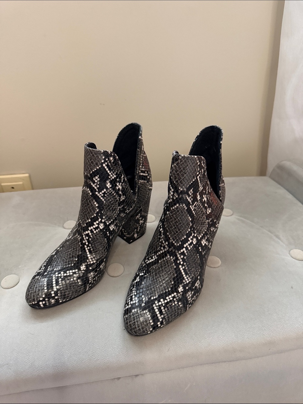 Steve Madden Snake-Print Cutout Ankle Booties in Black and Gray